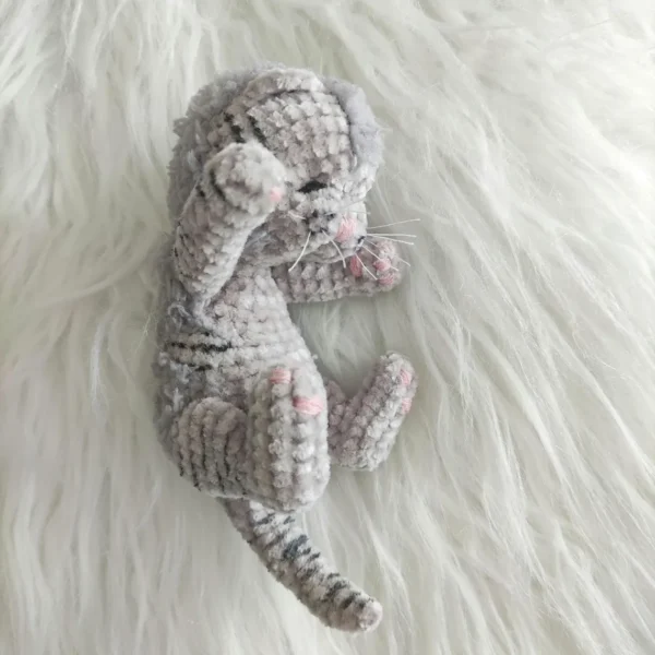 Sleeping Grey Plush Kitten With Black Stripes - Image 6