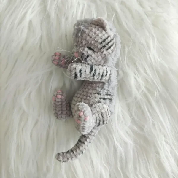 Sleeping Grey Plush Kitten With Black Stripes - Image 7