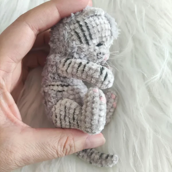 Sleeping Grey Plush Kitten With Black Stripes - Image 8