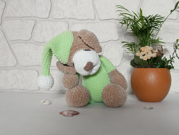 COZY HANDMADE SLEEPING PUPPY PLUSH, SOFT CROCHET DOG TOY WITH PAJAMAS - Image 2